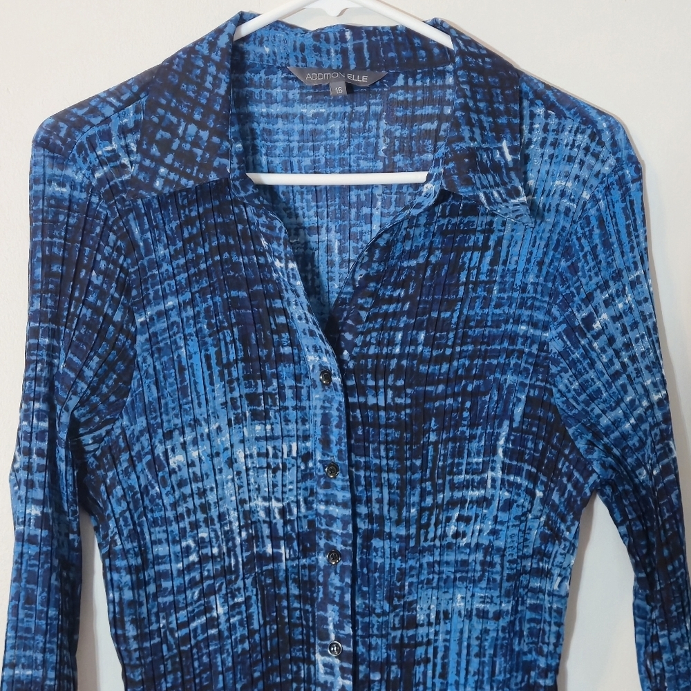 Addition Elle Sz 16 Abstract Button-Up Blouse Pleated Flared Sleeves Royal Blue - Picture 4 of 16